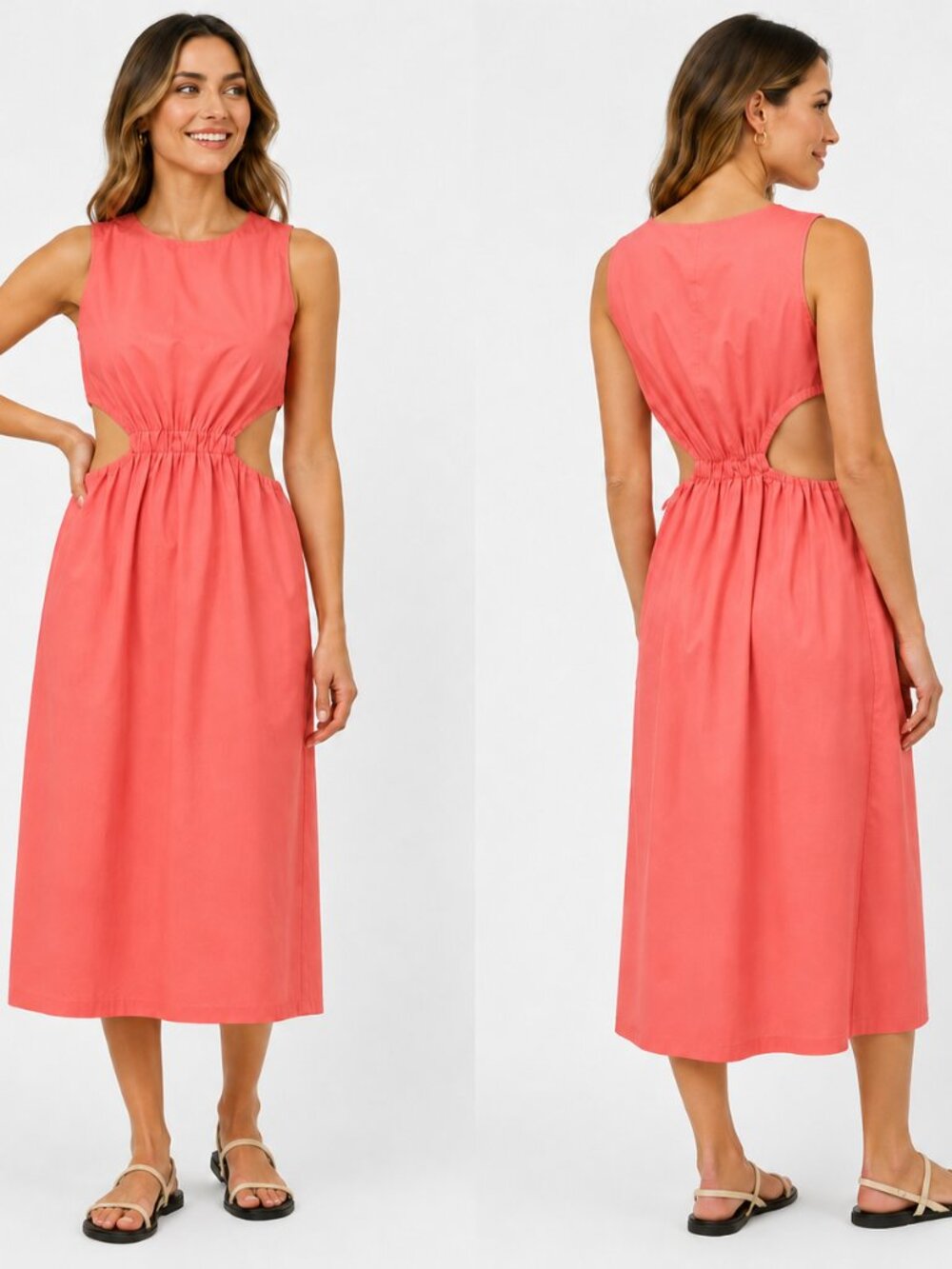 Rails Yvette Coral Cutout Midi Dress Sleeveless Elastic Waist Coastal Resort M